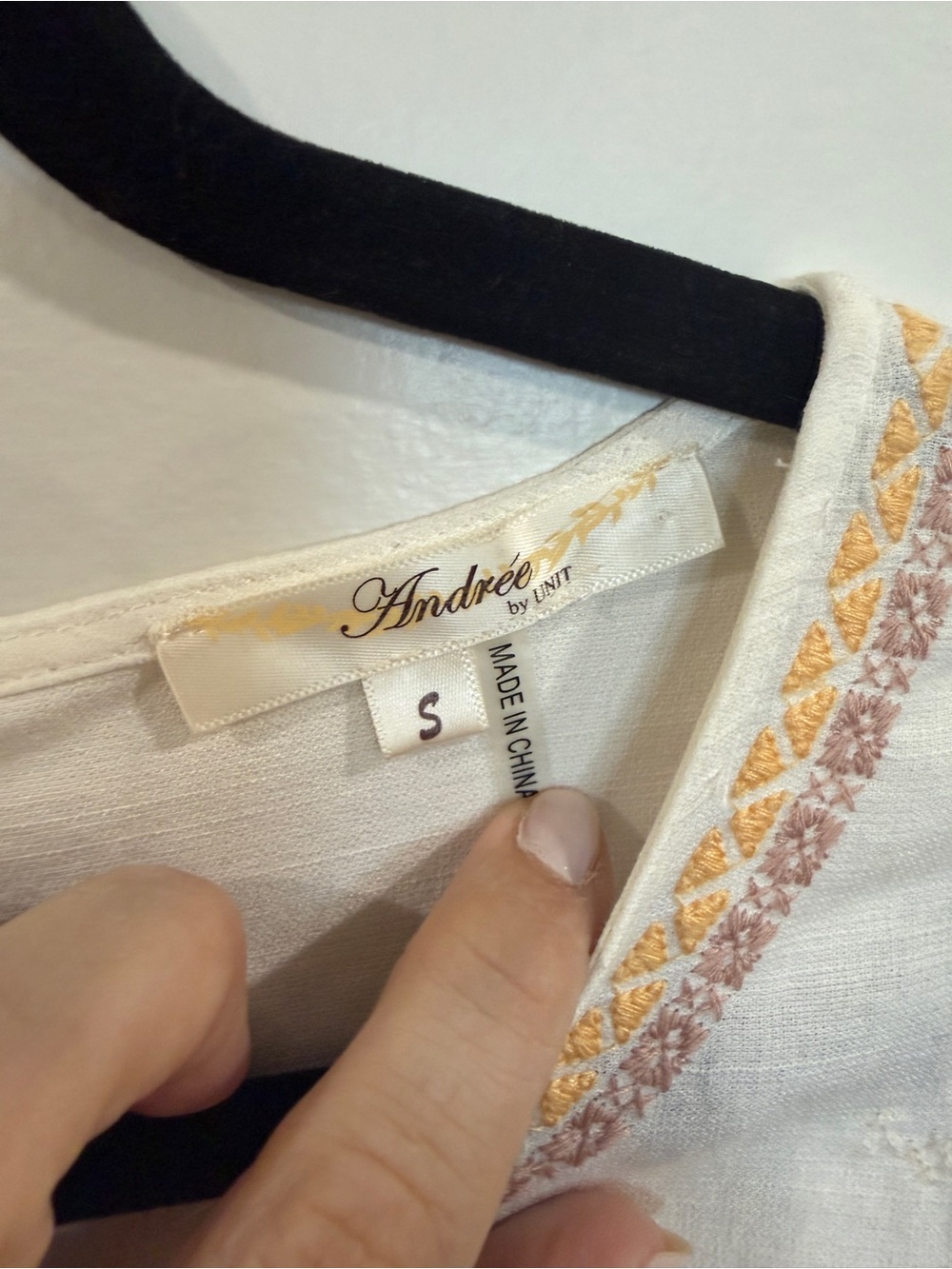 Andree White Embroidered Peasant Tunic with Navy, Yellow, and Pink Accents - Picture 2 of 5